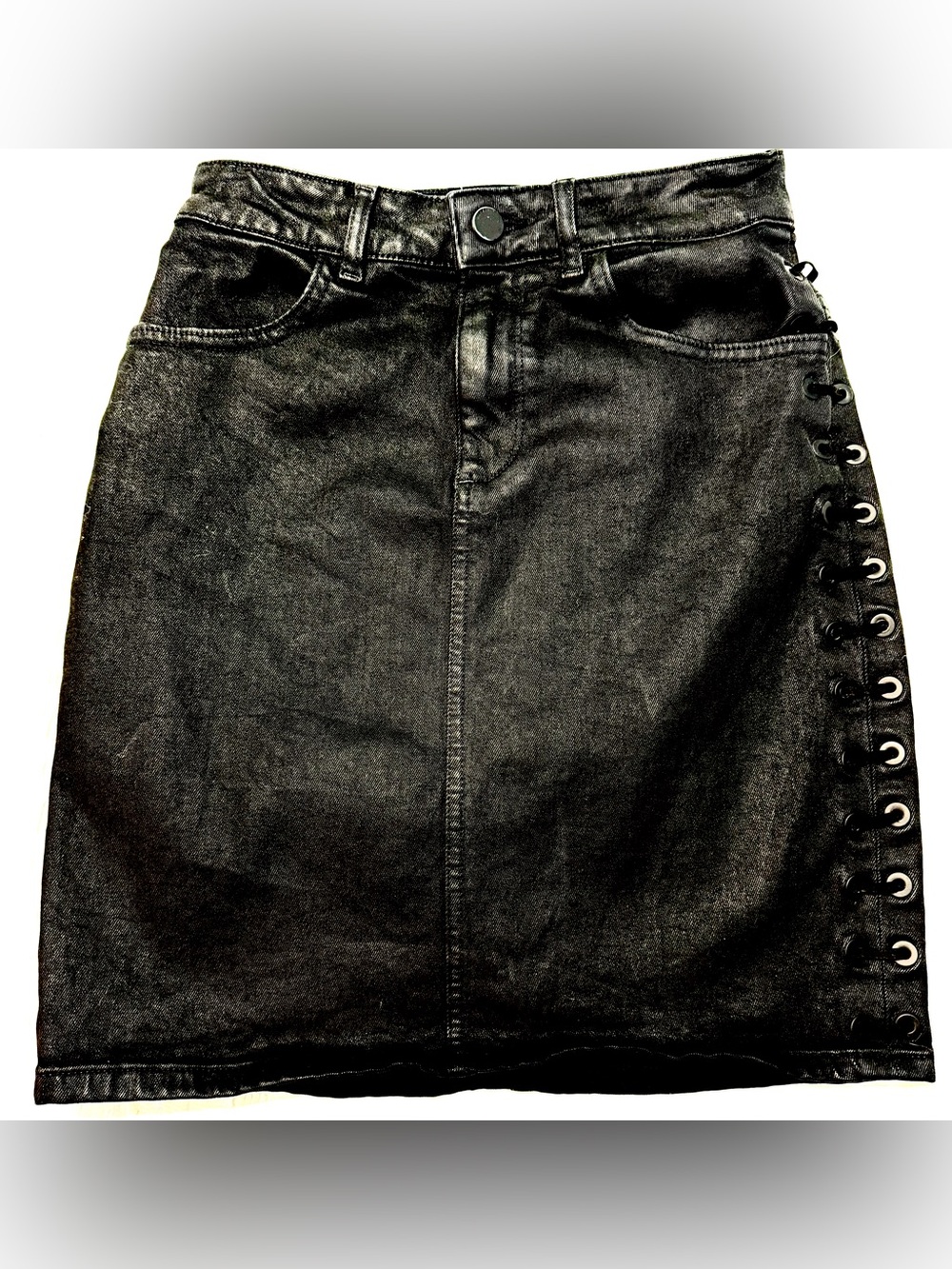 DL1961 Black Denim Sandra Skirt with Side Grommet Lace-Ups S